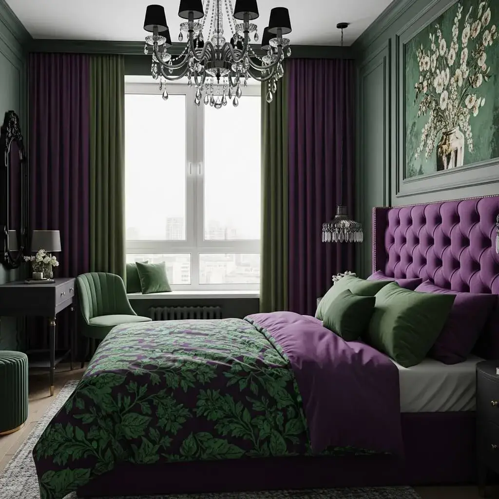 20 Powerful Purple and Green Bedroom Ideas to Refresh Your Space 3 A Dark Purple and Green Bedroom Retreat