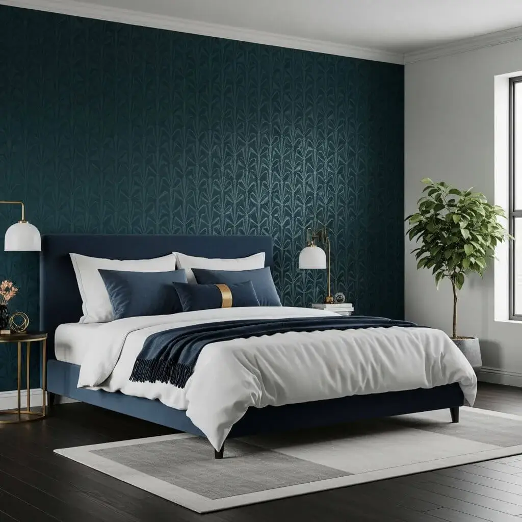 12 Powerful Dark Teal Bedroom Ideas to Elevate Your Space with Depth & Drama 9 Accent Wall with Wallpaper or Panels