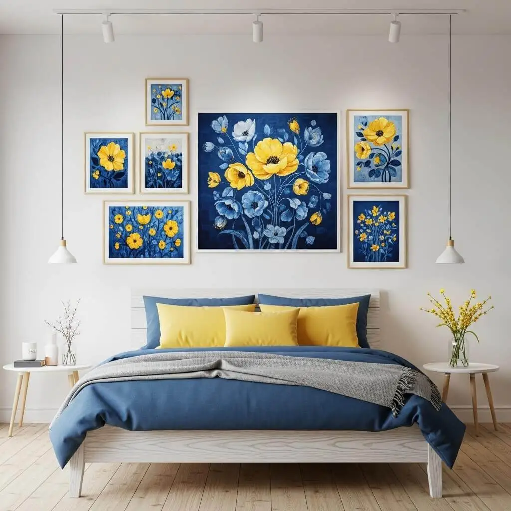 23 Brilliant Blue and Yellow Bedroom Ideas to Brighten Your Space 15 Art Gallery Wall With Color Coordination
