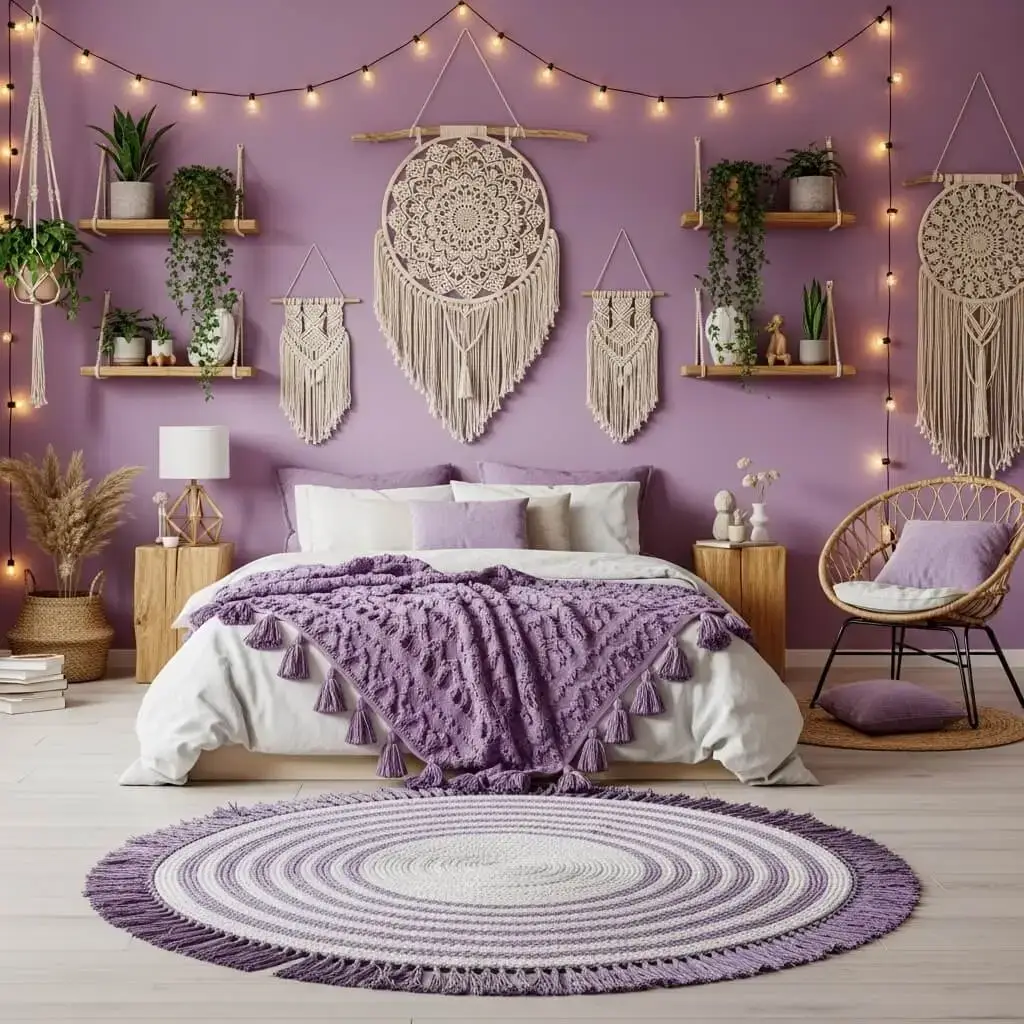 20+ Purple Bedroom Ideas That'll Make You Want to Redecorate Now 7 Bohemian Purple with Mixed Patterns