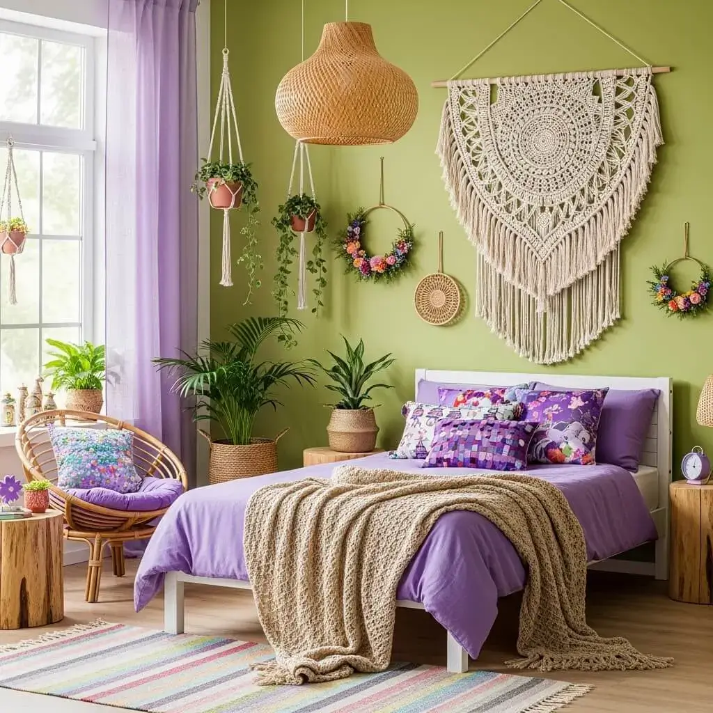 20 Powerful Purple and Green Bedroom Ideas to Refresh Your Space 7 Boho Chic Purple and Green Bedroom Vibes