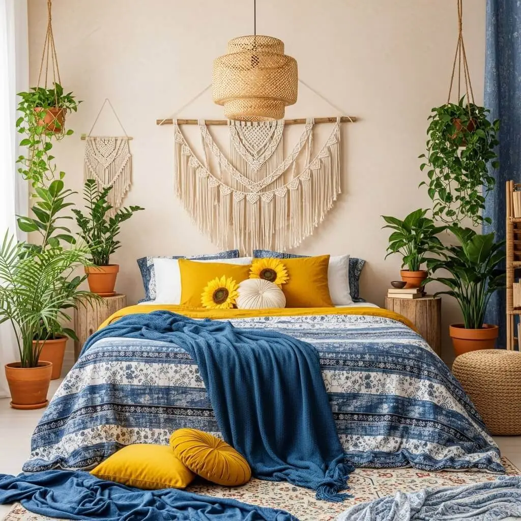 23 Brilliant Blue and Yellow Bedroom Ideas to Brighten Your Space 7 Boho-Chic Yellow and Blue Bedroom