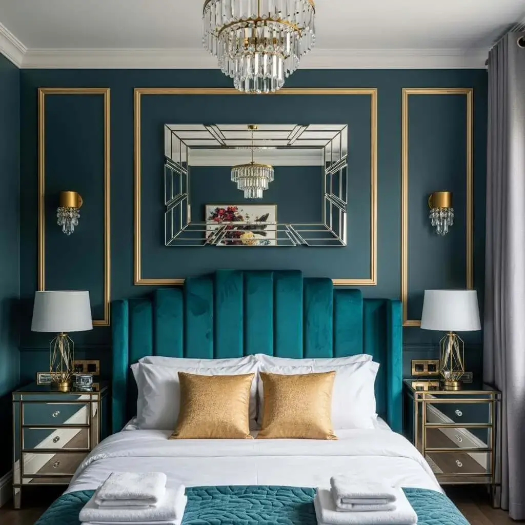 12 Powerful Dark Teal Bedroom Ideas to Elevate Your Space with Depth & Drama 12 Bring in Art Deco Vibes with Teal & Gold