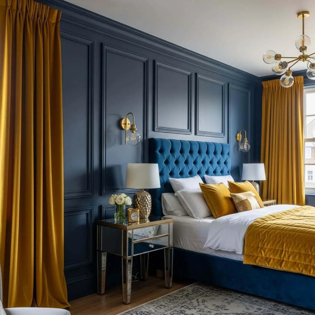 23 Brilliant Blue and Yellow Bedroom Ideas to Brighten Your Space 9 Classic Elegance: Navy and Gold Tones