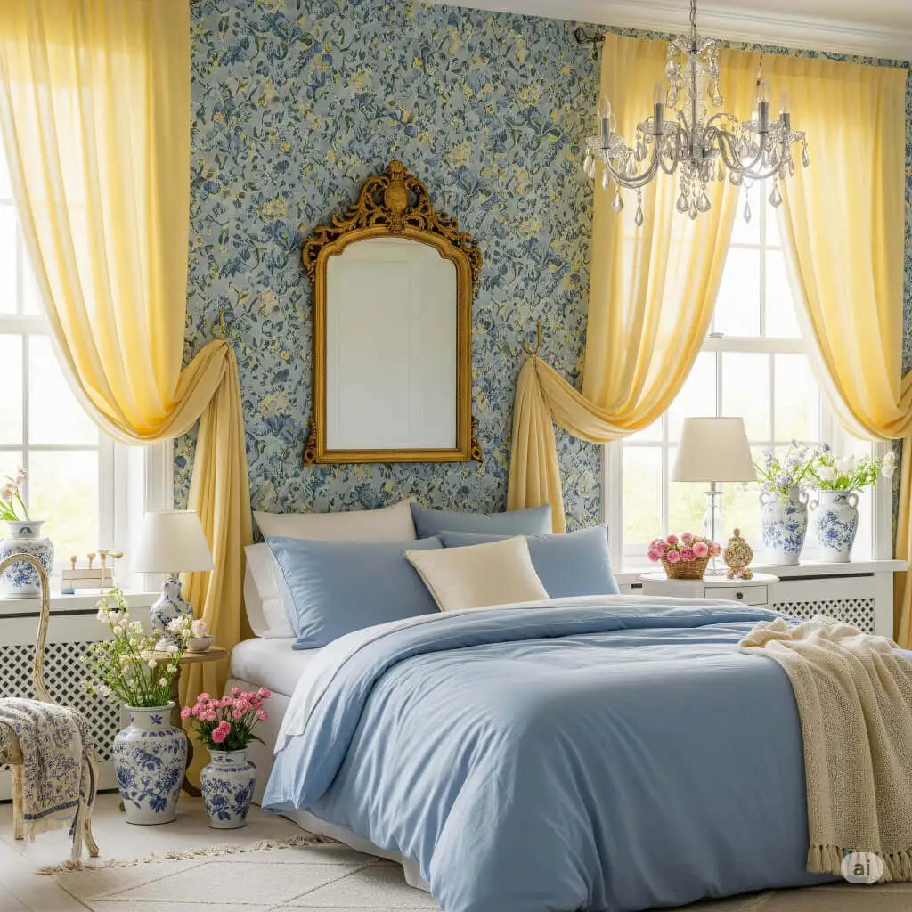 23 Brilliant Blue and Yellow Bedroom Ideas to Brighten Your Space 6 Floral Fantasy With Blue and Yellow Blooms