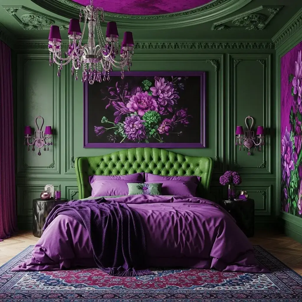 20 Powerful Purple and Green Bedroom Ideas to Refresh Your Space 6 Green Walls Bedroom, Purple Everything Else