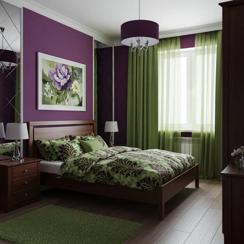 20 Powerful Purple and Green Bedroom Ideas to Refresh Your Space 12 Green with Purple Bedroom Art-Focused Design