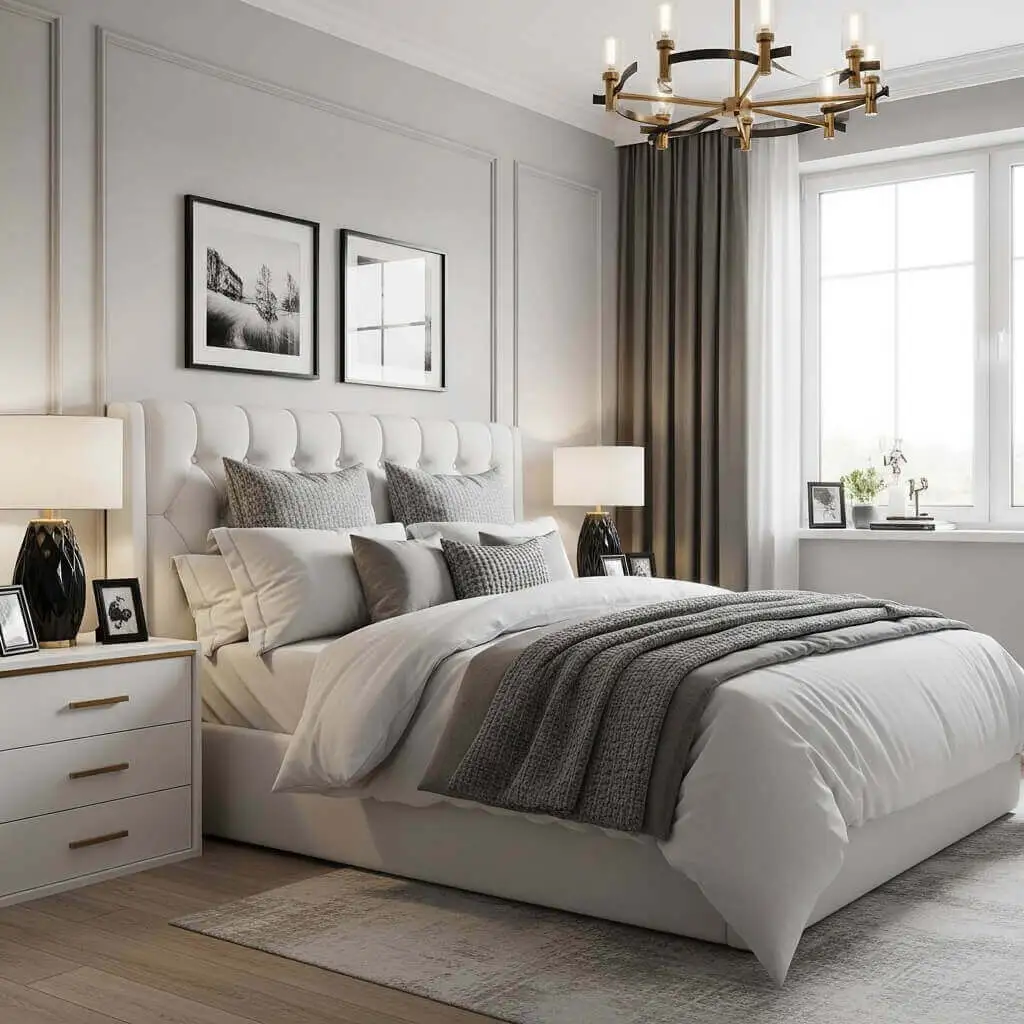 15 Grey and White Bedroom Ideas: A Cozy, Chic Color Duo You’ll Love 11 grey-trim-and-white-bedroom