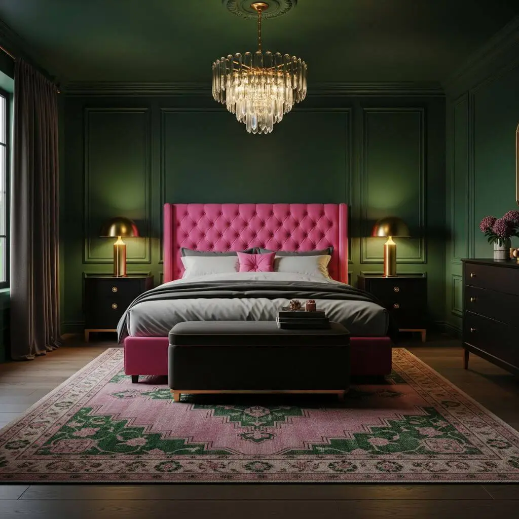 20 Pink and Green Bedroom Ideas for a Dreamy, Vibrant Retreat 7 Hot Pink Drama with Emerald Elegance