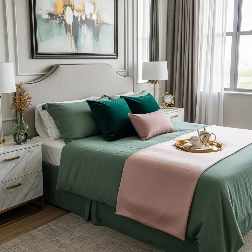 20 Pink and Green Bedroom Ideas for a Dreamy, Vibrant Retreat 11 Luxury with Layered Textures