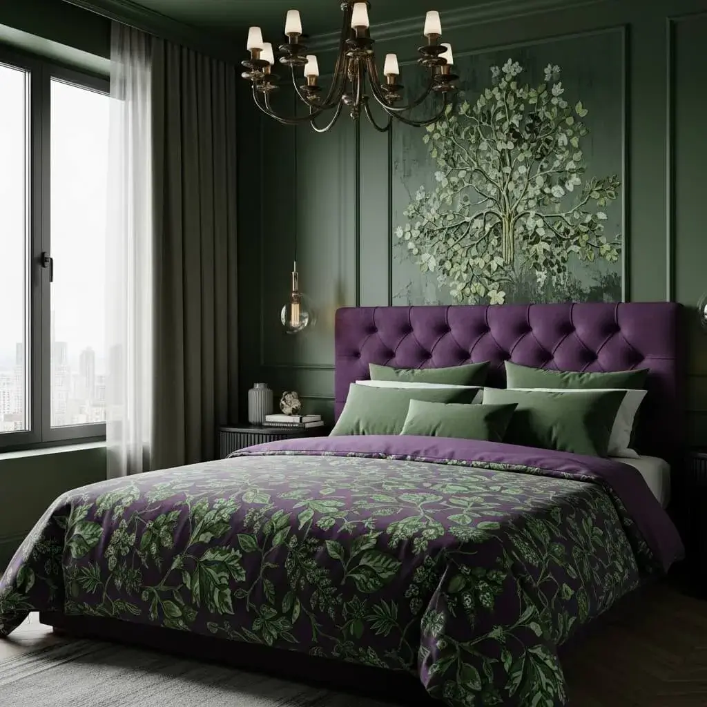 20 Powerful Purple and Green Bedroom Ideas to Refresh Your Space 15 Moody Purple Green Bedroom with Texture Play