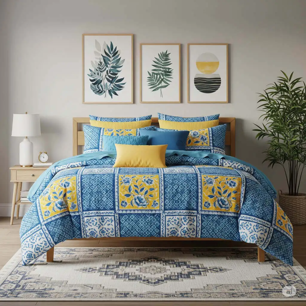 23 Brilliant Blue and Yellow Bedroom Ideas to Brighten Your Space 10 Pattern Power: Mix and Match