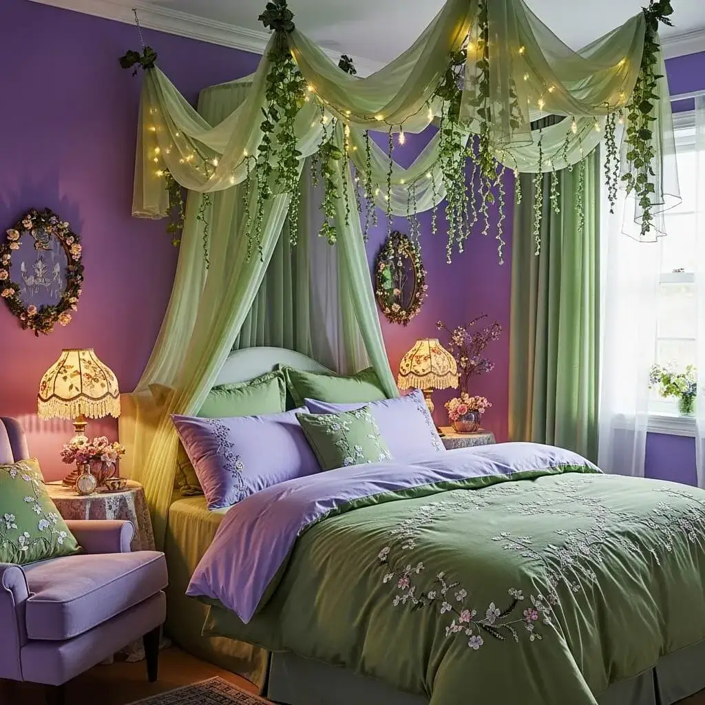 20 Powerful Purple and Green Bedroom Ideas to Refresh Your Space 21 Purple and Green Canopy Bed Fantasy