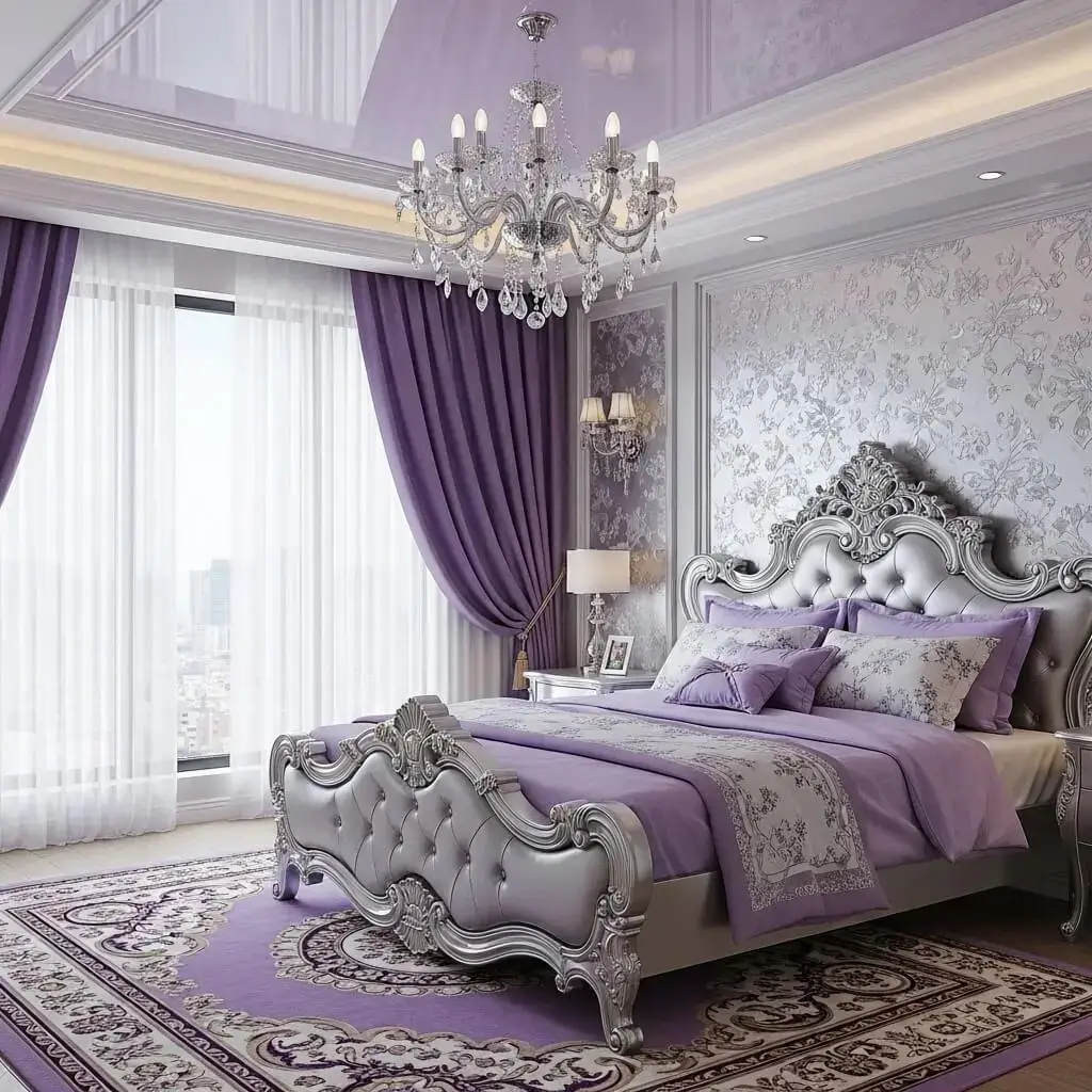 20+ Purple Bedroom Ideas That'll Make You Want to Redecorate Now 17 Purple & Metallic Silver Futuristic Vibes