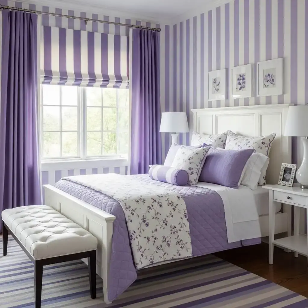 20+ Purple Bedroom Ideas That'll Make You Want to Redecorate Now 13 Purple & White Stripes