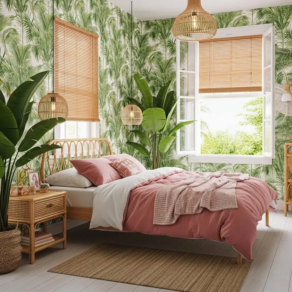 20 Pink and Green Bedroom Ideas for a Dreamy, Vibrant Retreat 5 Tropical Escape Palm Prints and Rose Hues