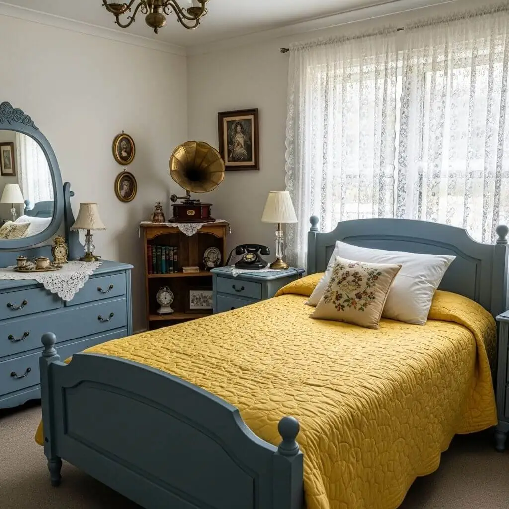 23 Brilliant Blue and Yellow Bedroom Ideas to Brighten Your Space 13 Vintage Vibes With Antique Charm