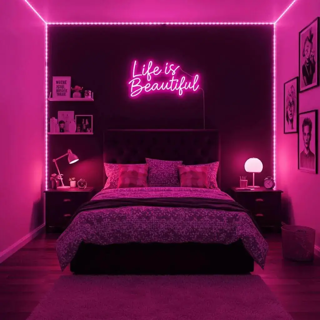 22 Stunning Pink and Black Bedroom Ideas That Will Blow You Away 11 Pink and Black Bedroom Ideas Go Full Drama: Black Walls, Pink Neon