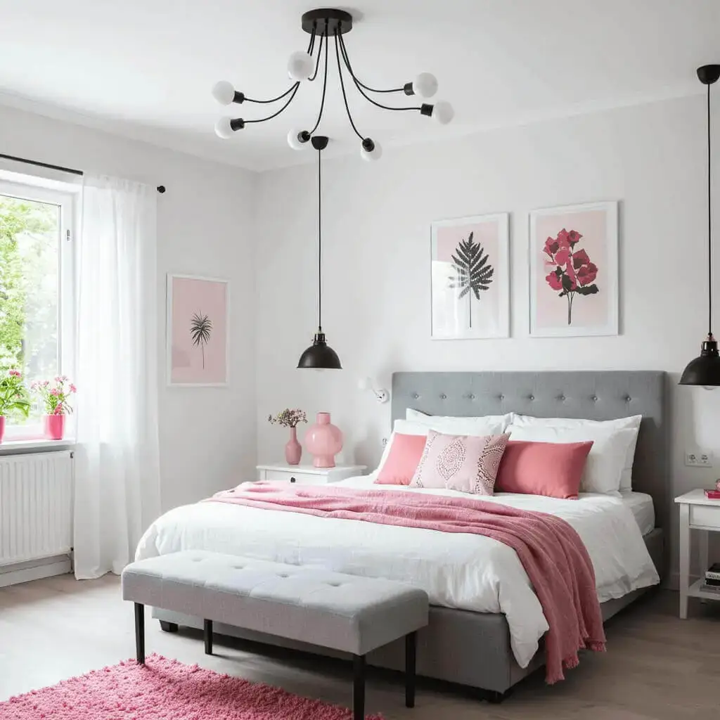 22 Stunning Pink and Black Bedroom Ideas That Will Blow You Away 16 Monochrome Base with Pink Pops Pink and Black Bedroom Ideas