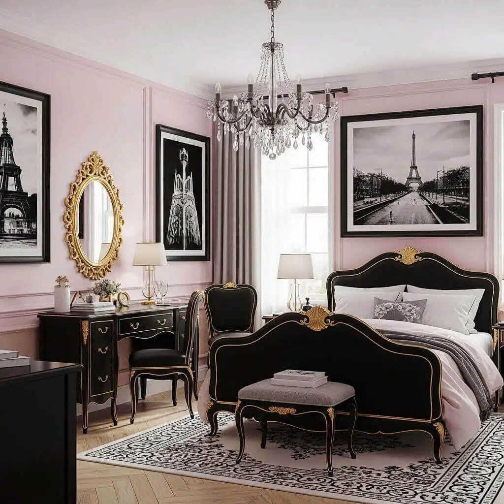 22 Stunning Pink and Black Bedroom Ideas That Will Blow You Away 8 Parisian-Inspired Pink and Black Room