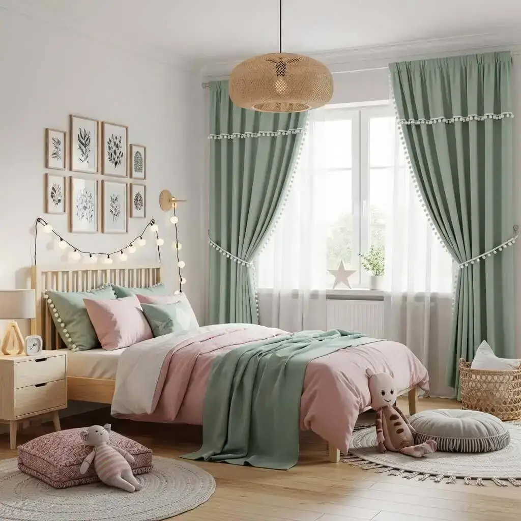 15 Stunning Sage Green Bedroom Curtains to Transform Your Space 6 Pom Pom Trimmed Curtains for a Playful Touch