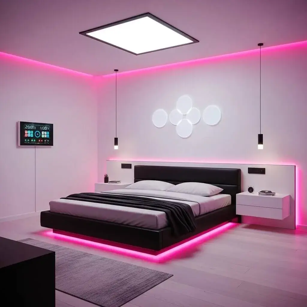 22 Stunning Pink and Black Bedroom Ideas That Will Blow You Away 18 The Futuristic Take: LED and Minimalist Decor Pink and Black Bedroom Ideas